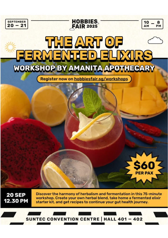 Advertisement for the workshop on 'The Art of Fermented Elixirs' by Amanita Apothecary at Hobbies Fair 2025 featuring herbs, fruits and drinks.