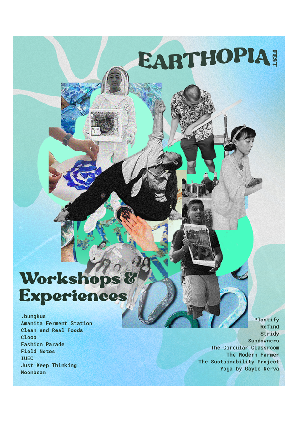 Collage of different people including Sheila Yang from Amanita Ferment Station about workshops and experiences at Earthopia Fest on a blue and green background